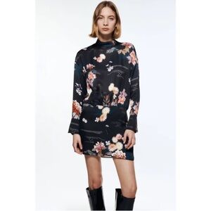 Zara The Camila Dress Black Oriental Floral Mini Satin Dress